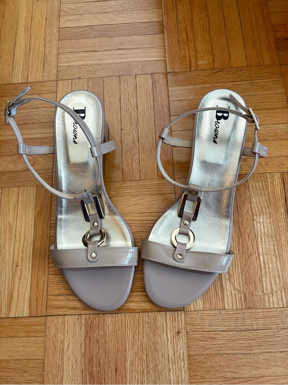 Browns Women's Taupe Patent Ankle-Strap Sandals with Metallic Accent